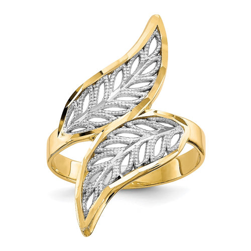 10K and White Rhodium Diamond-Cut Filigree Leaves Bypass Ring