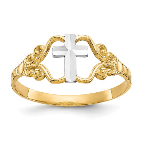 10k and White Rhodium Polished Cross Ring