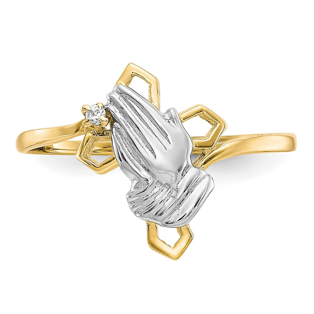 10k and White Rhodium Praying Hands CZ with Cross Ring