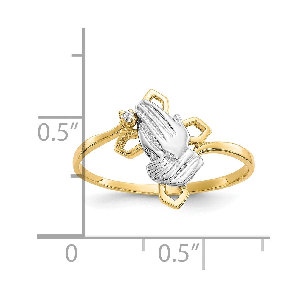 10k and White Rhodium Praying Hands CZ with Cross Ring