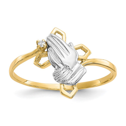 10k and White Rhodium Praying Hands CZ with Cross Ring