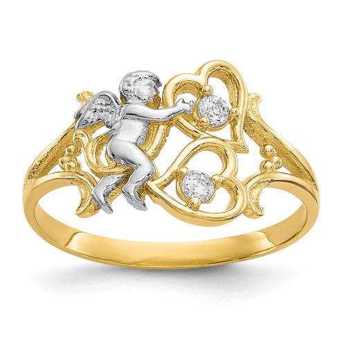 10k and White Rhodium CZ Angel with Hearts Ring