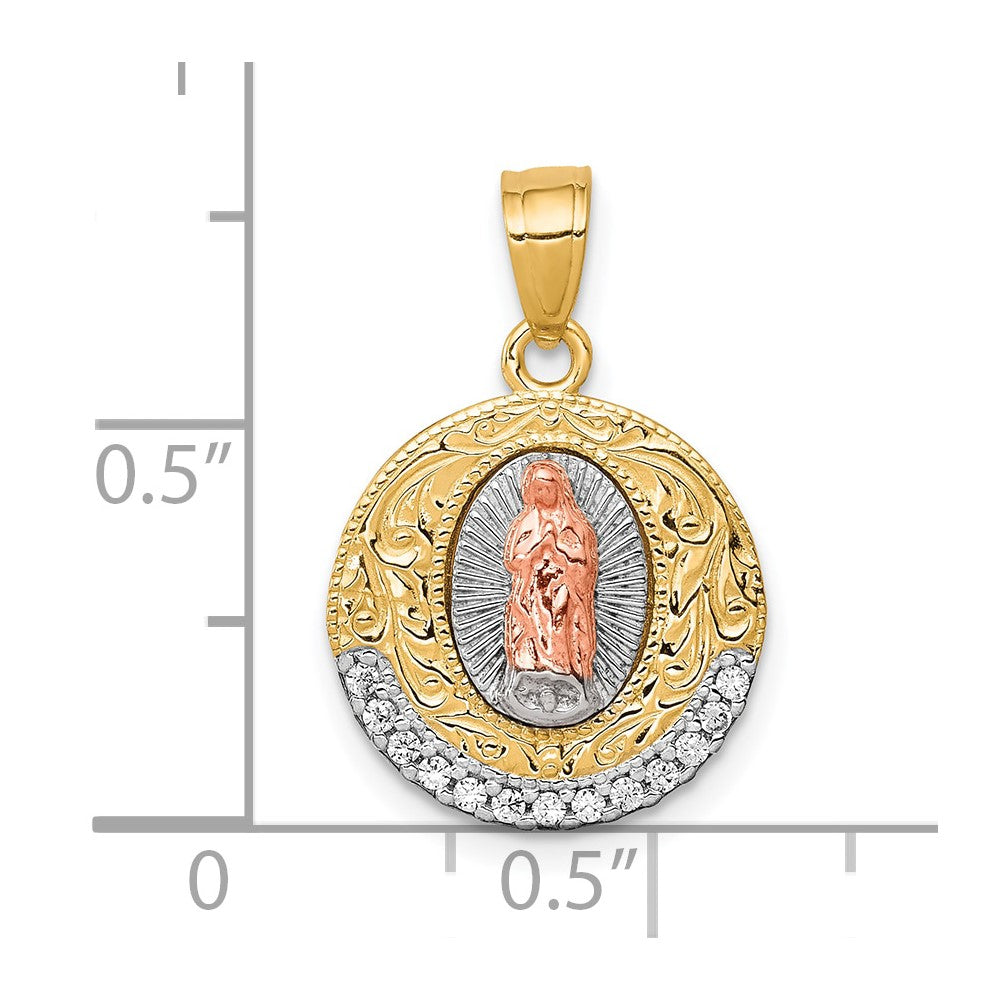 10K Two-Tone and White Rhodium CZ Round Our Lady Of Guadalupe Pendant