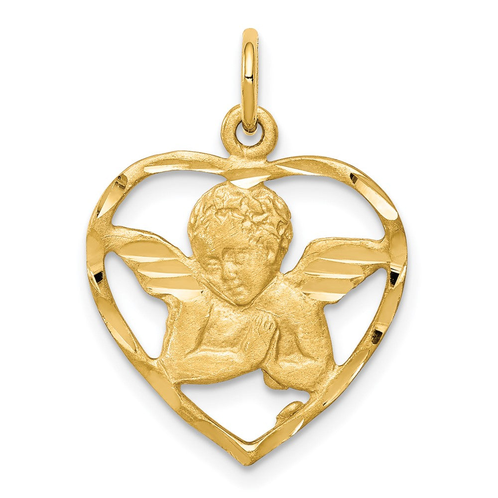 10K Satin Diamond-cut Angel in Heart Charm
