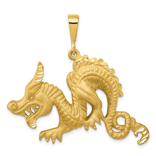 10k Large Satin Diamond-cut Dragon Pendant