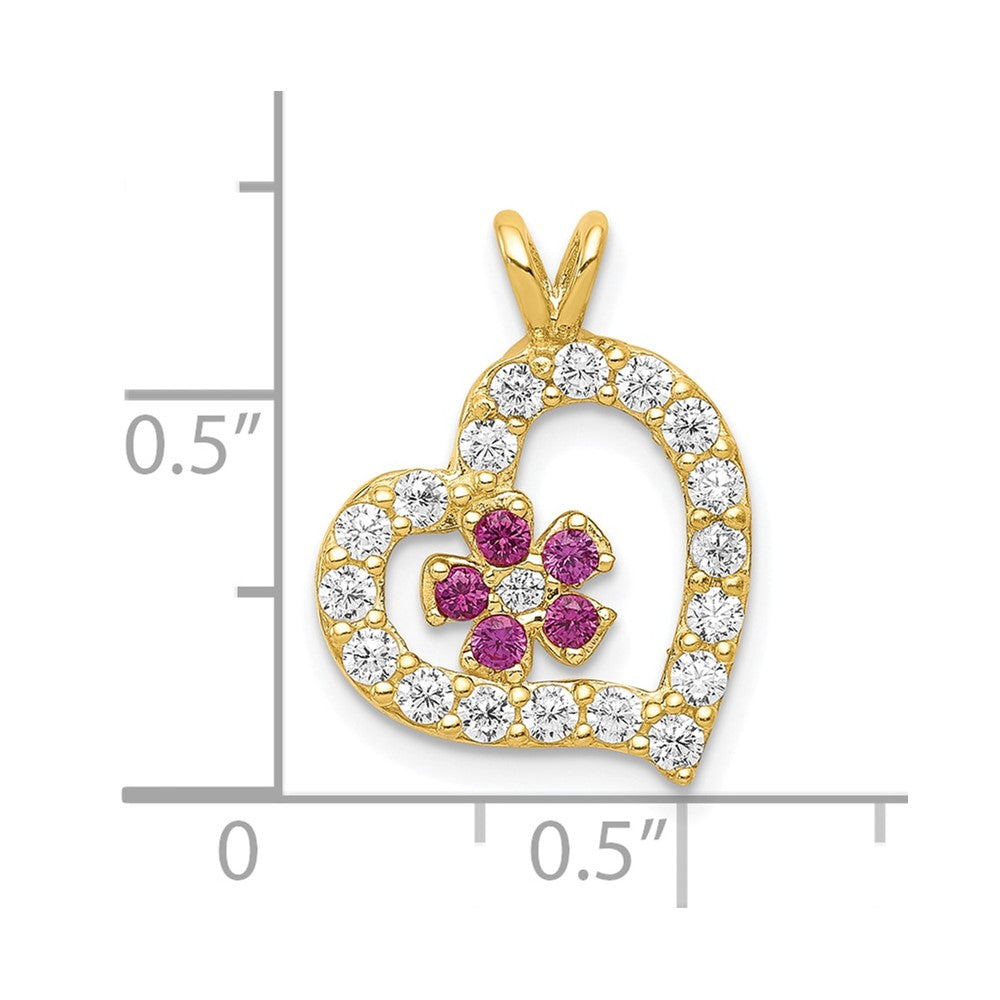 10k Red and Clear CZ Heart and Flower Pendant