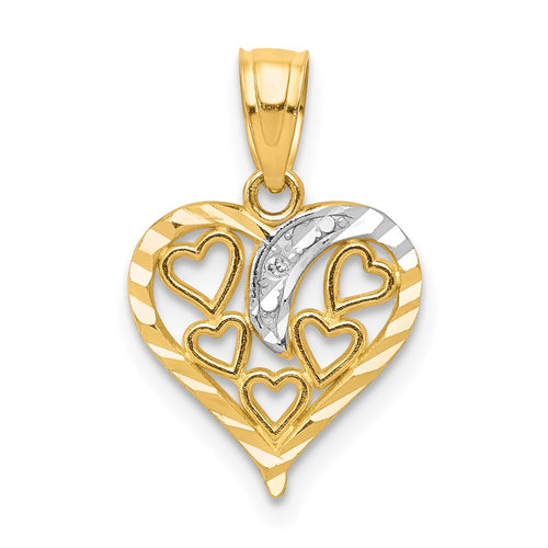 10K and White Rhodium Diamond-cut Hearts in Heart Charm
