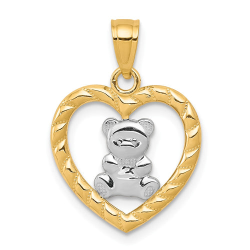 10k and White Rhodium Teddy Bear in Heart Charm
