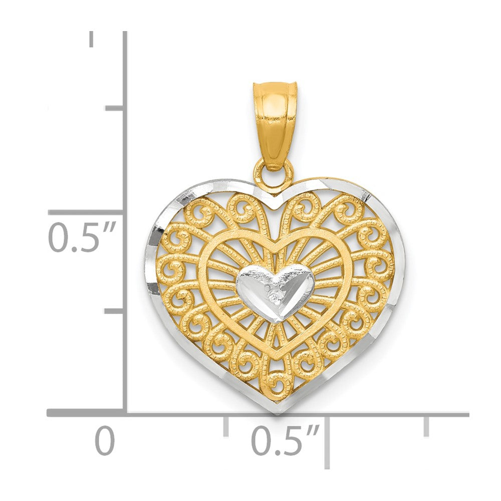10K and White Rhodium Filigree Heart Charm