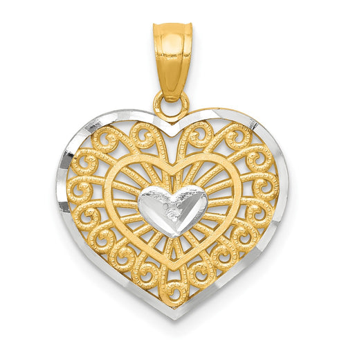 10K and White Rhodium Filigree Heart Charm