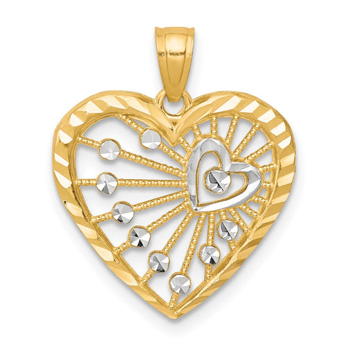 10K and White Rhodium Filigree Heart Charm