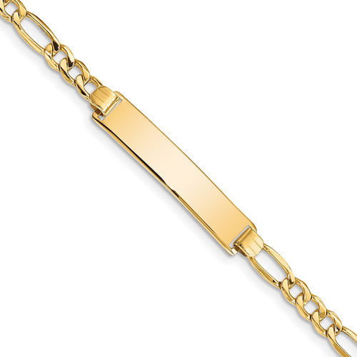 10k Polished Semi-Solid Chain/Solid Plate Figaro Link 33x6mm Plate ID Bracelet