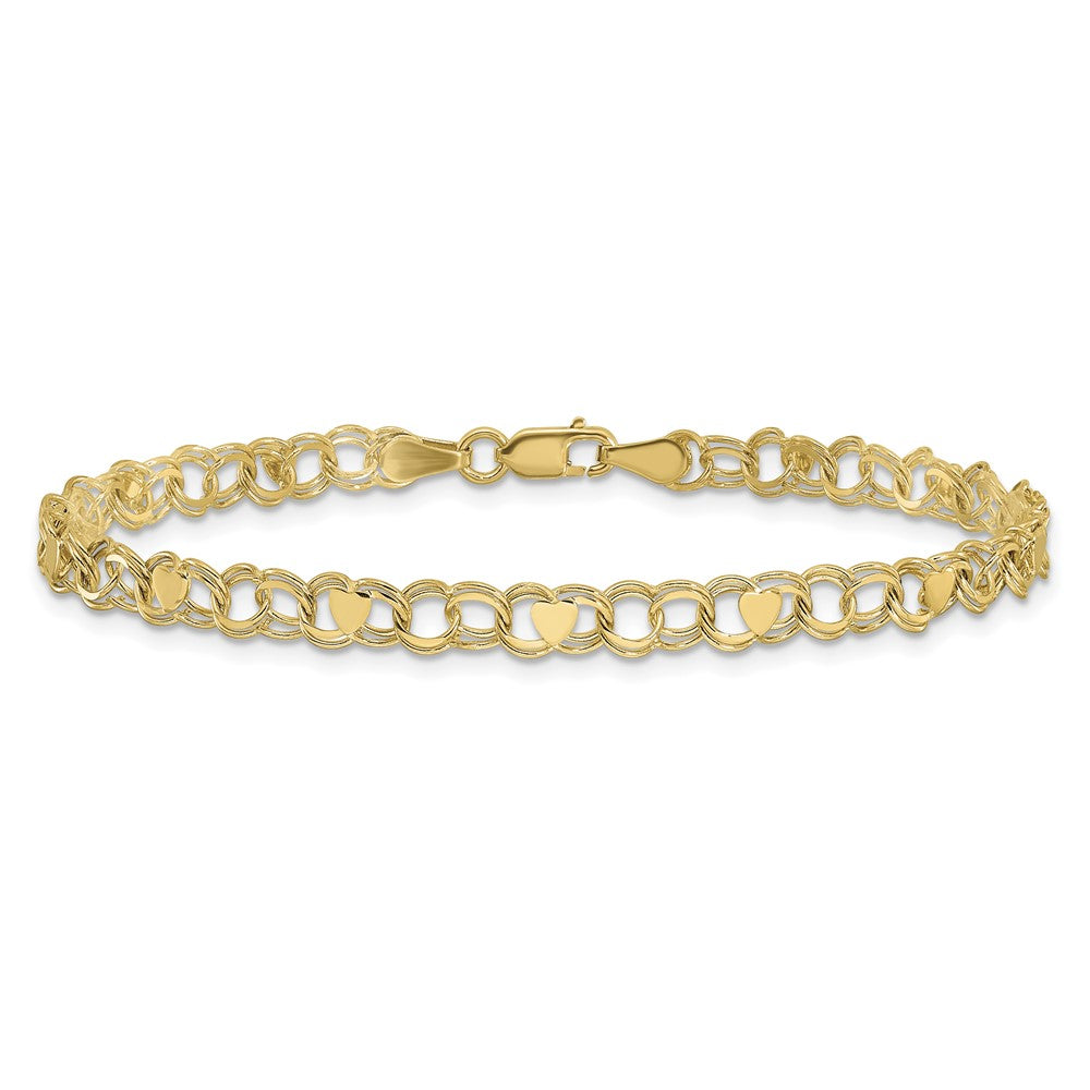 10k 4mm Solid Double Link with Hearts 7 inch Charm Bracelet