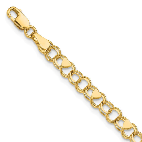 10k 4mm Solid Double Link with Hearts 7 inch Charm Bracelet