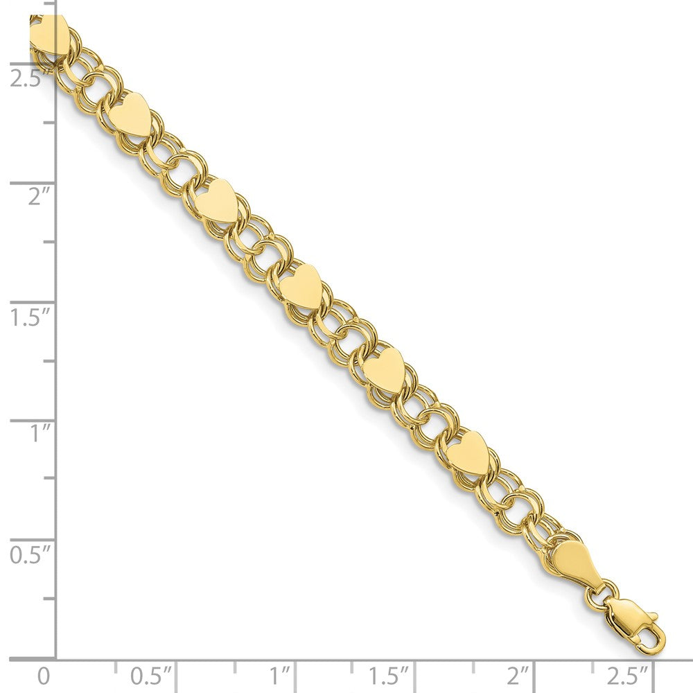 10k 6mm Solid Double Link with Hearts 7 inch Charm Bracelet