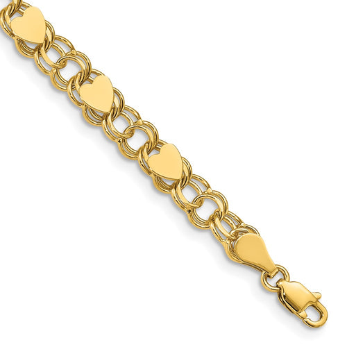 10k 6mm Solid Double Link with Hearts 8 inch Charm Bracelet