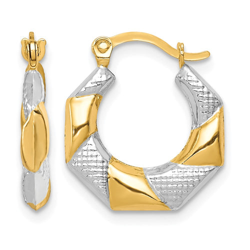 10K and White Rhodium Scalloped Hollow Hoop Earrings