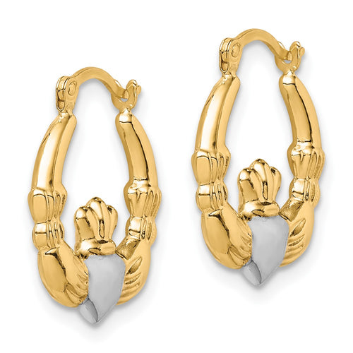 10K and White Rhodium Claddagh Hollow Hoop Earrings