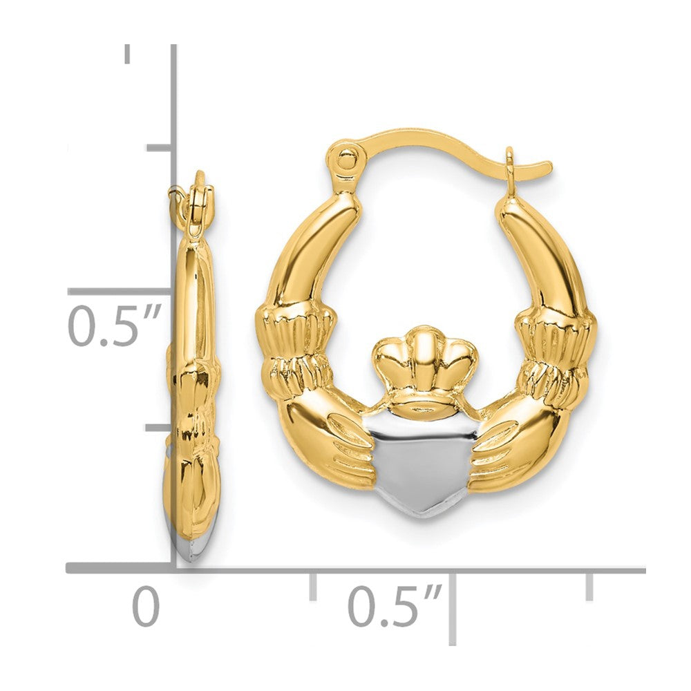 10K and White Rhodium Claddagh Hollow Hoop Earrings