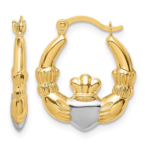 10K and White Rhodium Claddagh Hollow Hoop Earrings