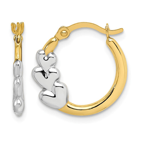 10K and White Rhodium Hearts Hollow Hoop Earrings