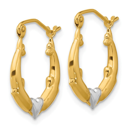 10K and White Rhodium Dolphin Heart Hollow Hoop Earrings