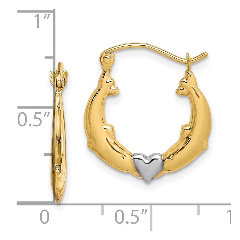 10K and White Rhodium Dolphin Heart Hollow Hoop Earrings