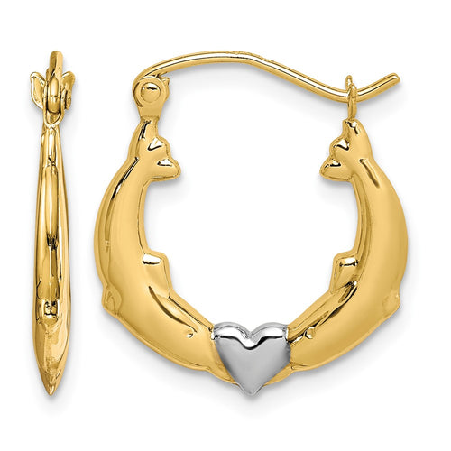 10K and White Rhodium Dolphin Heart Hollow Hoop Earrings