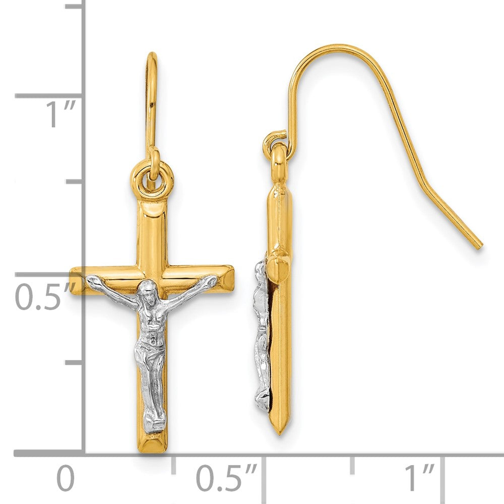 10k Two-tone Polished Crucifix Dangle Shepherd Hook Earrings