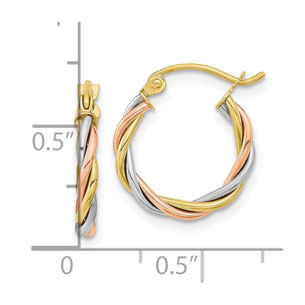 10k Tri-color Polished 2.5mm Twisted Round Hoop Earrings