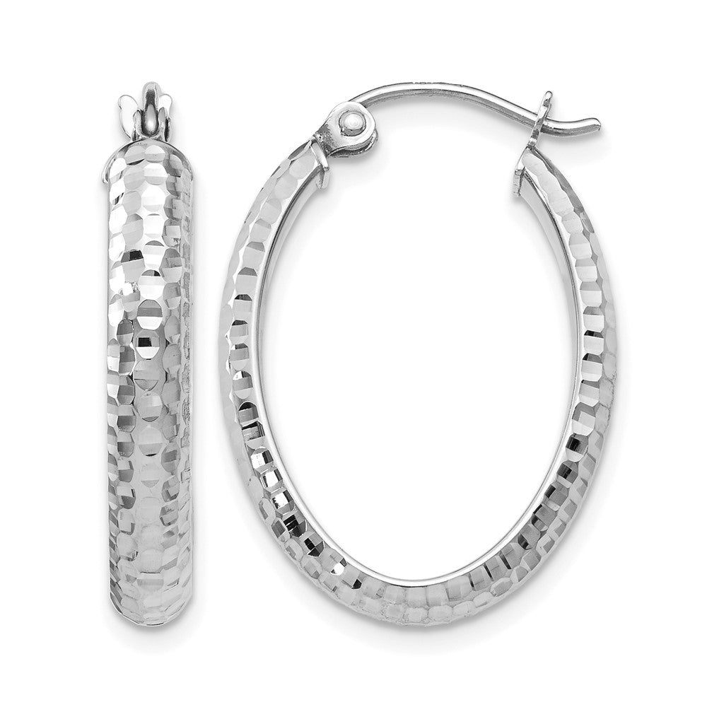 10K White Gold D/C Oval Hinged Hoop Earrings
