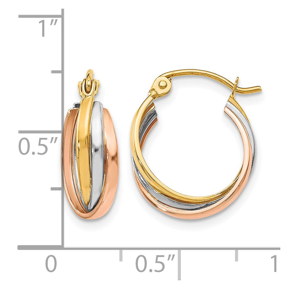 10K Tri-color Polished Hinged Hoop Earrings
