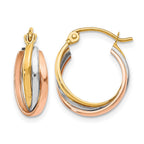 10K Tri-color Polished Hinged Hoop Earrings