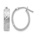 10K with White Rhodium Plating Polished and Diamond-cut Oval Hinged Hoop Earrings