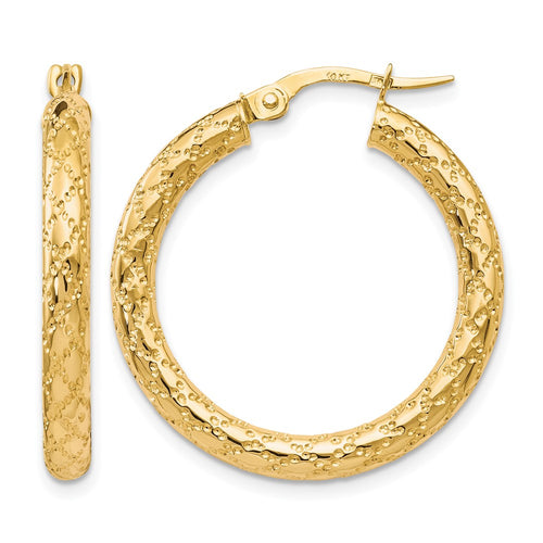 10K Polished and Textured Hinged Hoop Earrings