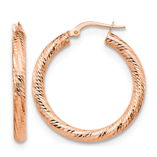 10K 3x20 Rose Gold D/C Round Hoop Earrings