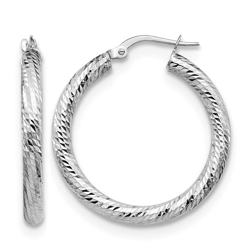 10K 3x20 White Gold D/C Round Hoop Earrings