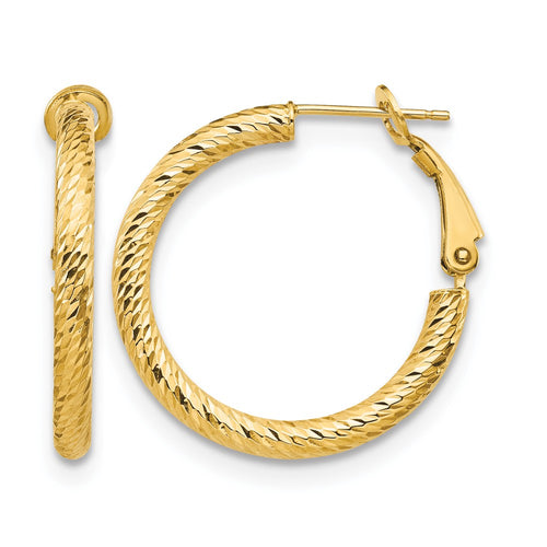 10K 3x20 D/C Round Omega Back Hoop Earrings