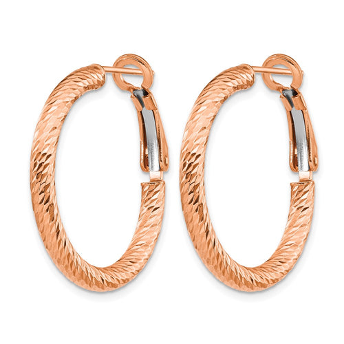 10K 3x20 with Rose Gold Plating D/C Round Omega Back Hoop Earrings