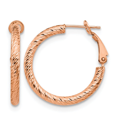 10K 3x20 with Rose Gold Plating D/C Round Omega Back Hoop Earrings