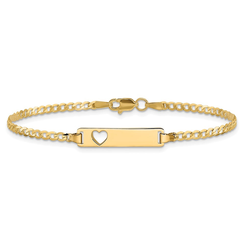 10k Polished Solid Chain/Solid Plate Curb Link Cut-out Heart 20x5mm Plate ID Bracelet