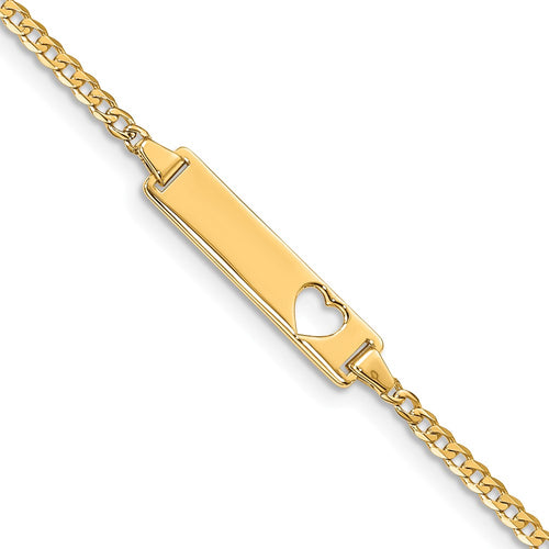 10k Polished Solid Chain/Solid Plate Curb Link Cut-out Heart 20x5mm Plate ID Bracelet