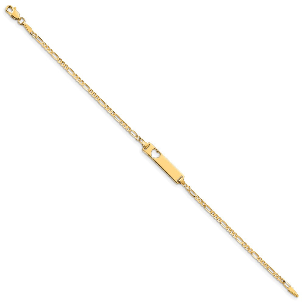 10k Polished Solid Chain/Solid Plate Figaro Link Cut-out Heart 20x5mm Plate ID Bracelet