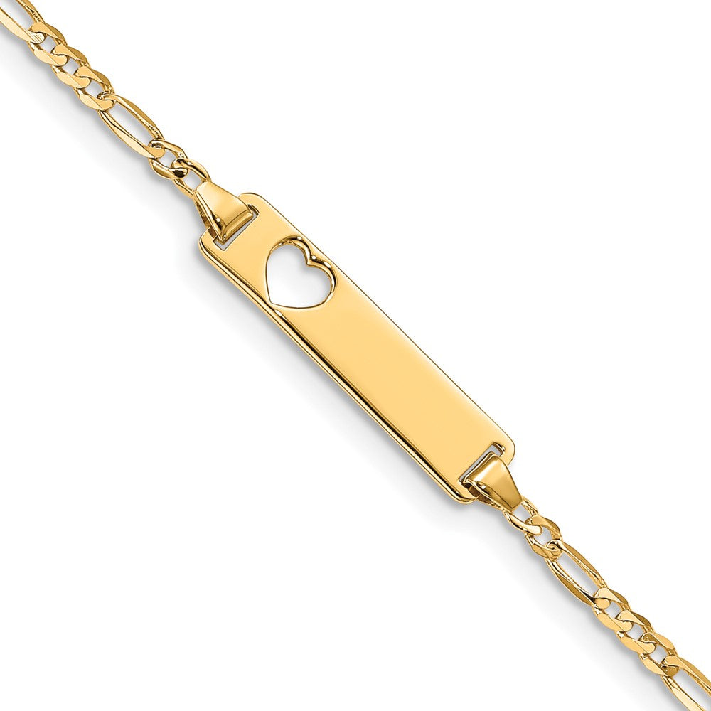 10k Polished Solid Chain/Solid Plate Figaro Link Cut-out Heart 20x5mm Plate ID Bracelet