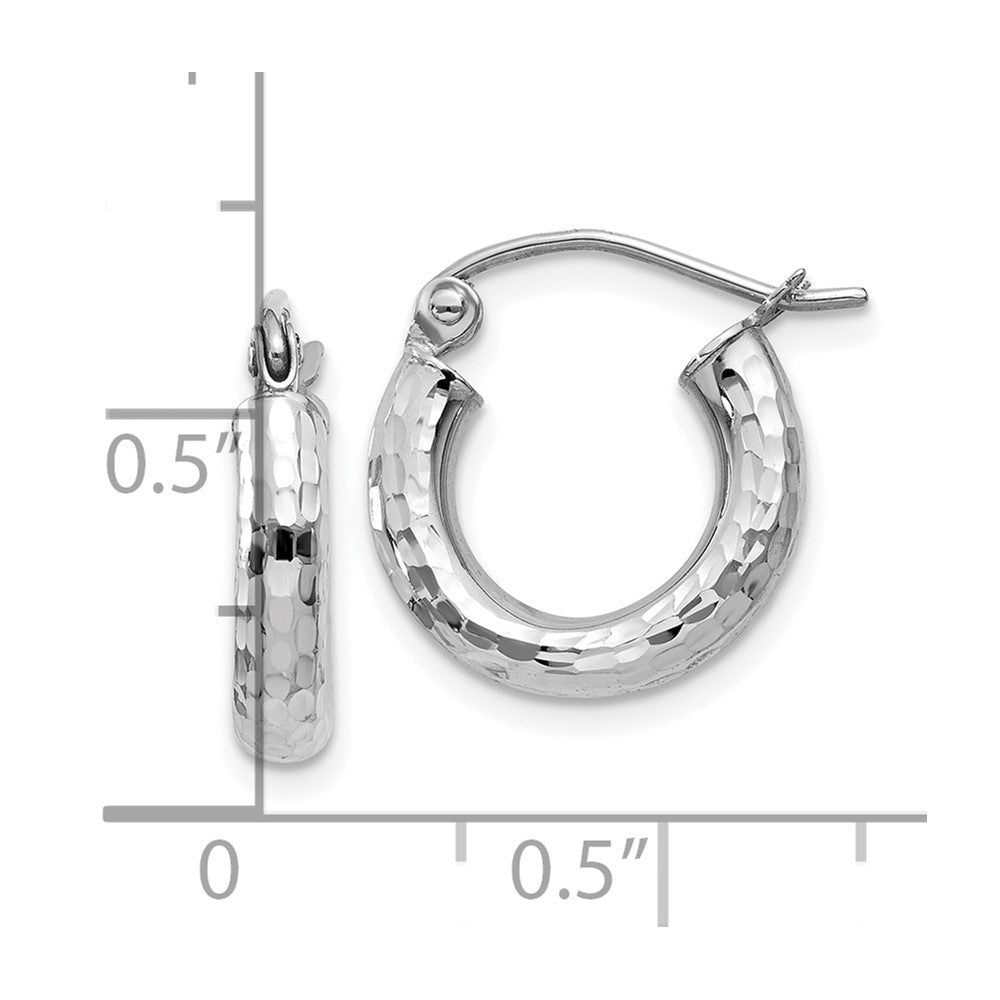 10k White Gold Diamond-cut 3mm Round Hoop Earrings