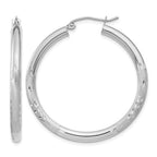 10k White Gold Satin & Diamond-cut 3mm Round Hoop Earrings