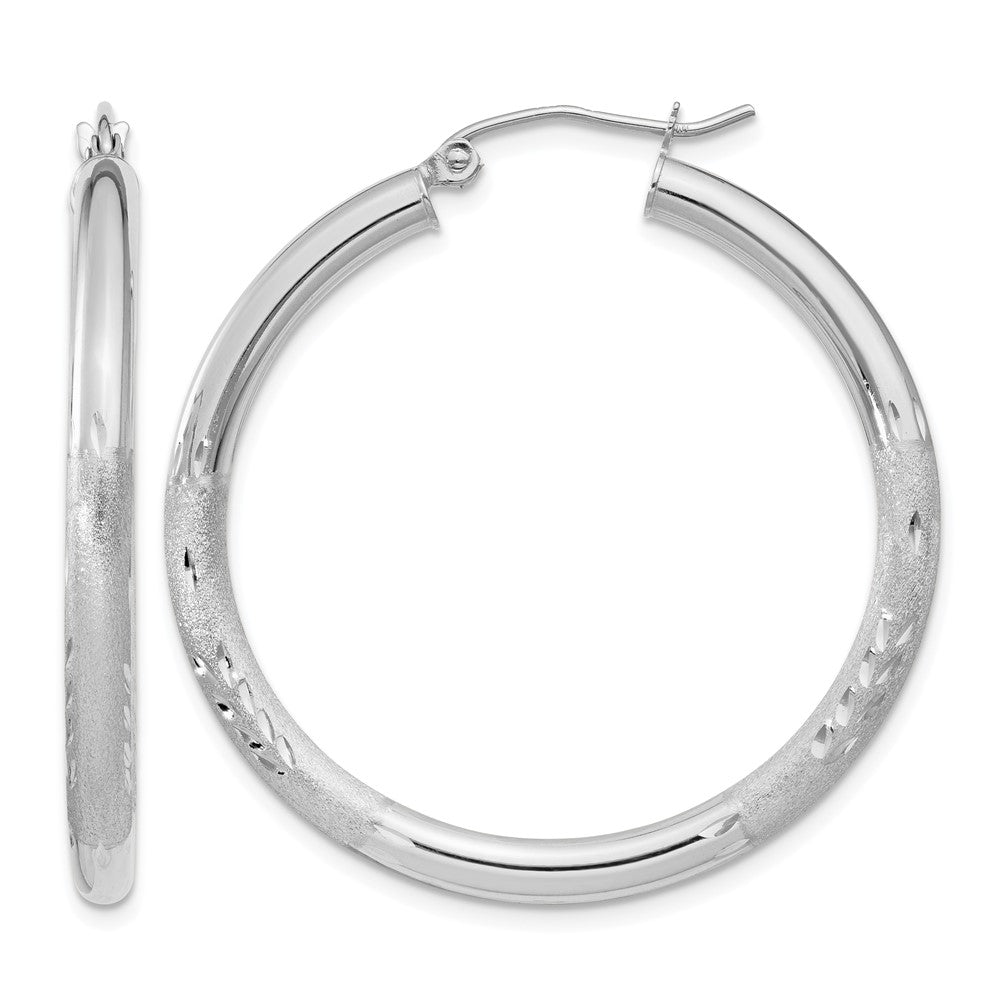 10k White Gold Satin & Diamond-cut 3mm Round Hoop Earrings