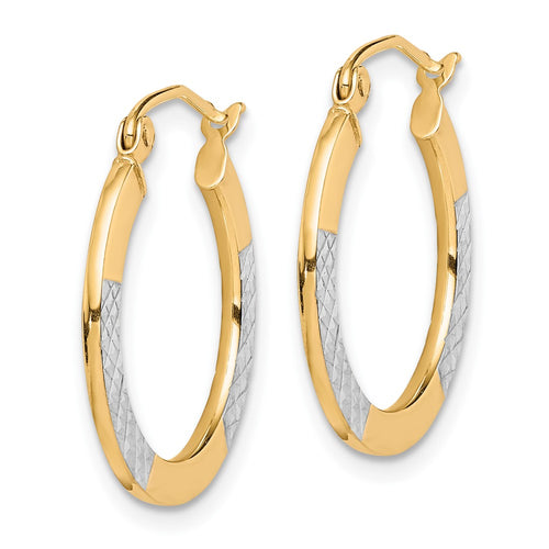 10K & Rhodium Diamond Cut 2.5x20mm Hoop Earrings