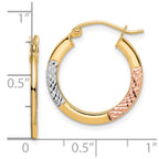 10K White & Rose Rhodium D/C 2.5x20mm Hoop Earrings