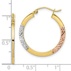10K White & Rose Rhodium D/C 2.5x25mm Hoop Earrings